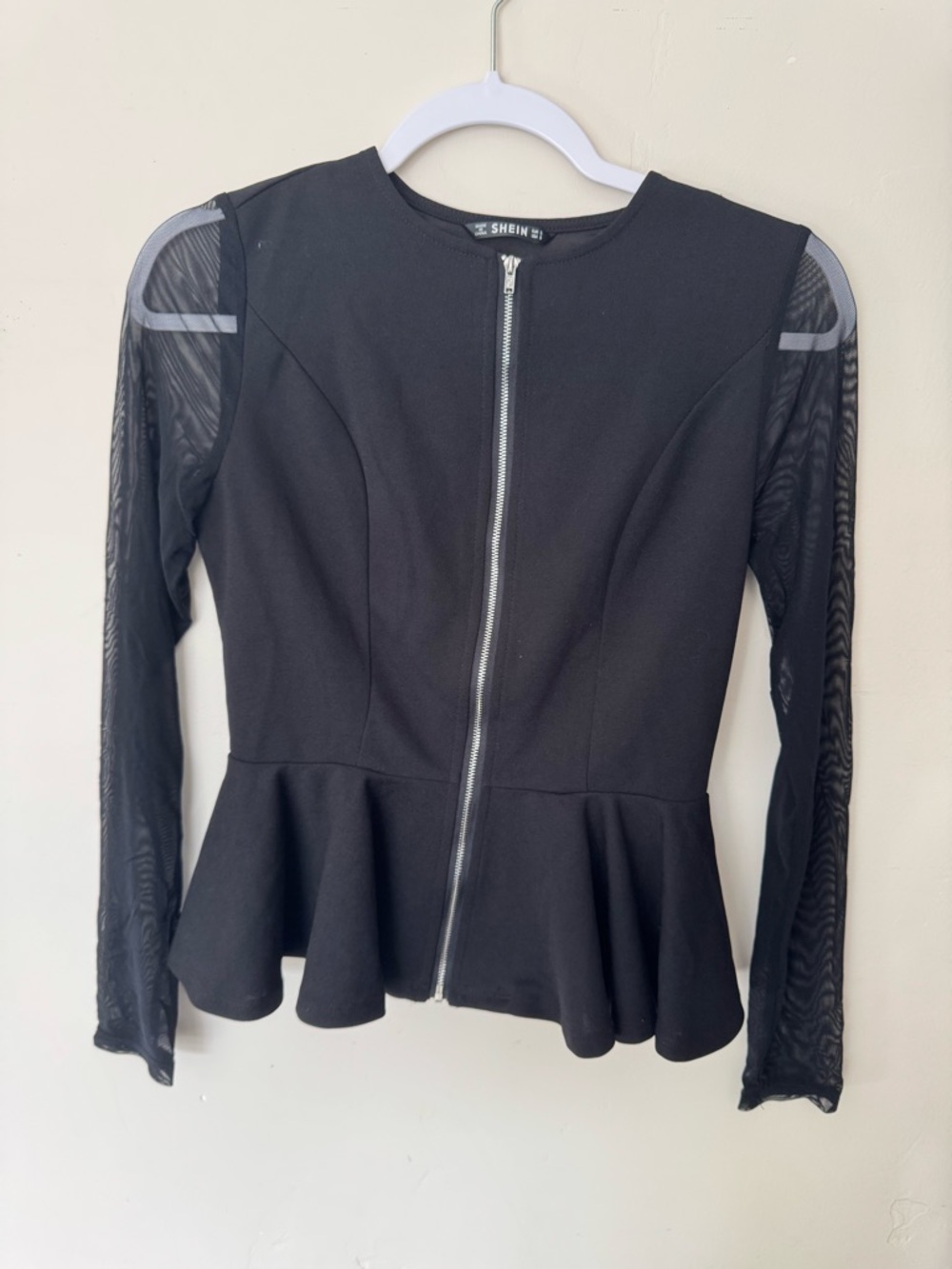 NWOT Shein Black Peplum Zip-Front Top with Mesh Sleeves